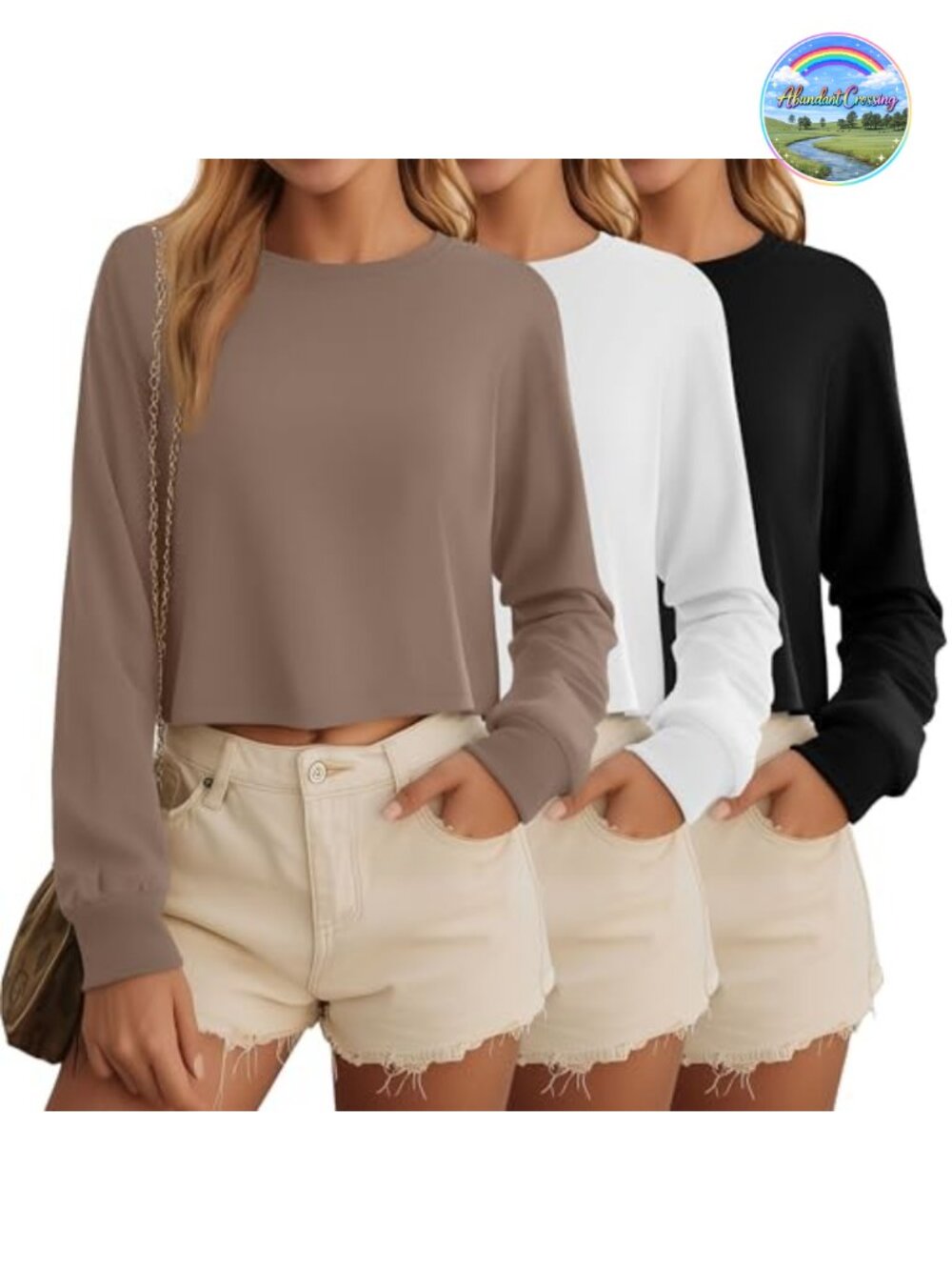 95% Cotton 5% Spandex Long Sleeve Cropped Tees 3 Pack Women's Casual Soft